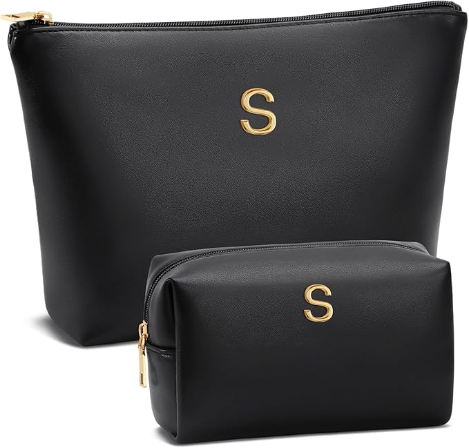 Women Gifts | Initial Makeup Bag Set for Girl Personalized Gifts for Bridesmaid Friend Graduation Teachers PU Leather Cosmetic Travel Toiletry Bag(Black,S)