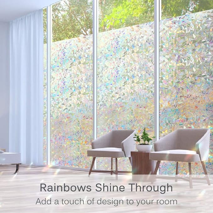 Volcanics Window Privacy Film with Installation Tools, Static Window Clings Vinyl 3D Decals Stickers Rainbow Window Film for Glass Door Home Heat Control Anti UV 29.5 x 157.4 Inches