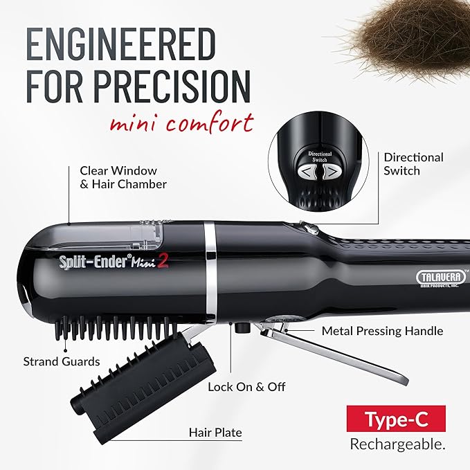 Split-Ender Mini 2 – Original Cordless Split End Hair Trimmer for Dry, Damaged, Brittle, Curly, Frizzy, or Straight Hair – Rechargeable Hair Clipper, Home Styling Tool for Split Ends (Black)
