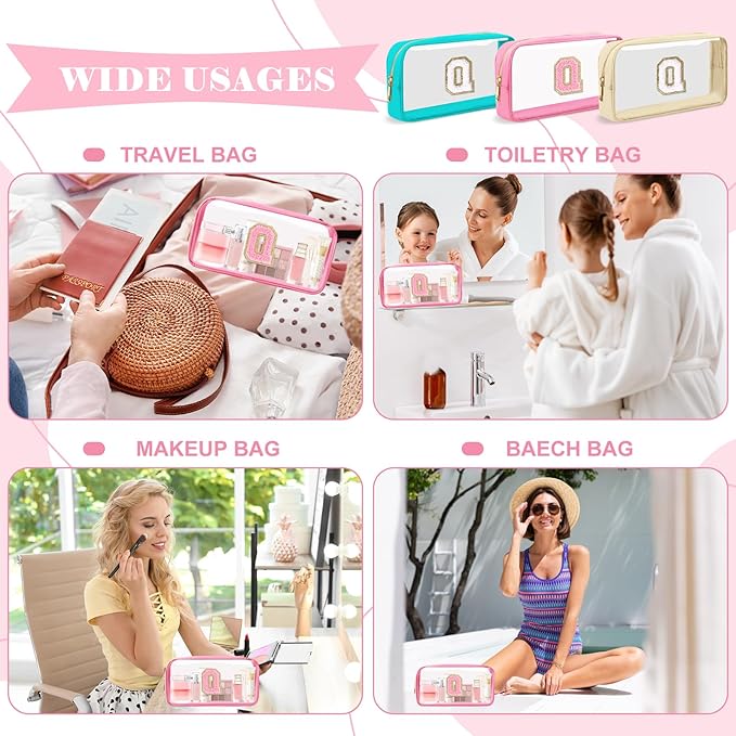 Personalized Initial Letter Clear Makeup Bag,Preppy Small Nylon&PVC Cosmetic Zipper Bag with Chenille Letter,Portable Beach Travel Skincare Toiletry Bag,Trendy Monogram Gift for Teen Girls Women,Q