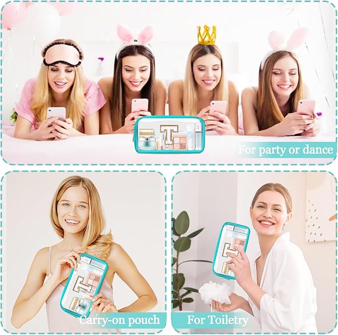 Small Clear Personalized Initial Makeup Bag, Preppy Nylon A-Z Chenille Letter Patch Makeup Organizer TSA Approved Travel Toiletry Bag,Waterproof Zip Beach Cosmetic Pouch Purse for Women(Cyan-White T)