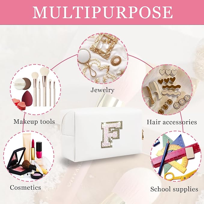 Personalized Initial Letter Makeup Bag, Preppy Glitter Letter Patch Cosmetic Pouch Zipper,PU Waterproof Travel Toiletry Bag Cute Makeup Organizer Monogrammed Make Up Bag,Gift for Women Girls(Letter F)