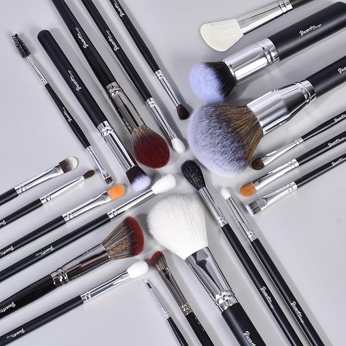 Bueart Design Pro makeup Artist 34Pcs Deluxe Real Goat Hair Horse hair Makeup Brushes Set with extra Large Holder High End Professional labeled makeup brush set with natural Pony Hair