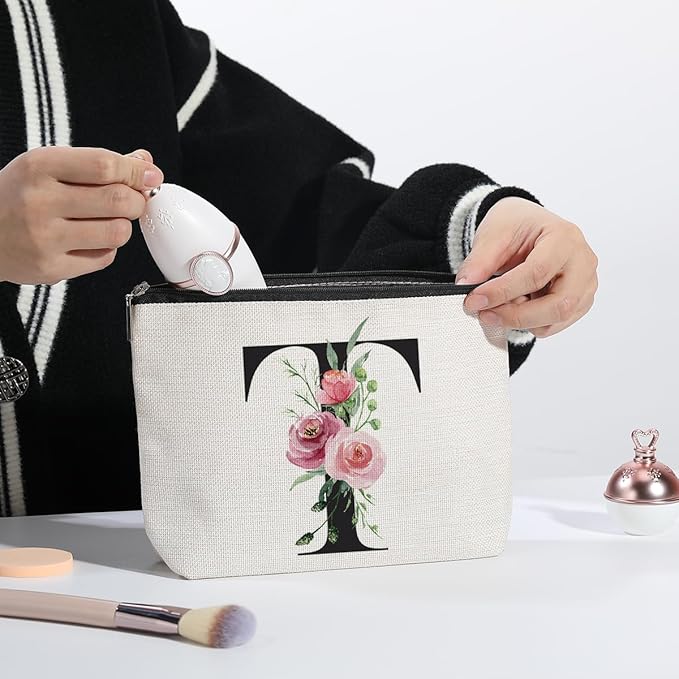 Initial Makeup Bag, Personalized Gifts for Women, Bridesmaid Gifts, Birthday Gifts for Women Mom, Gifts for Best Friend, Bride Bridesmaid Cosmetic bag (Letter T)