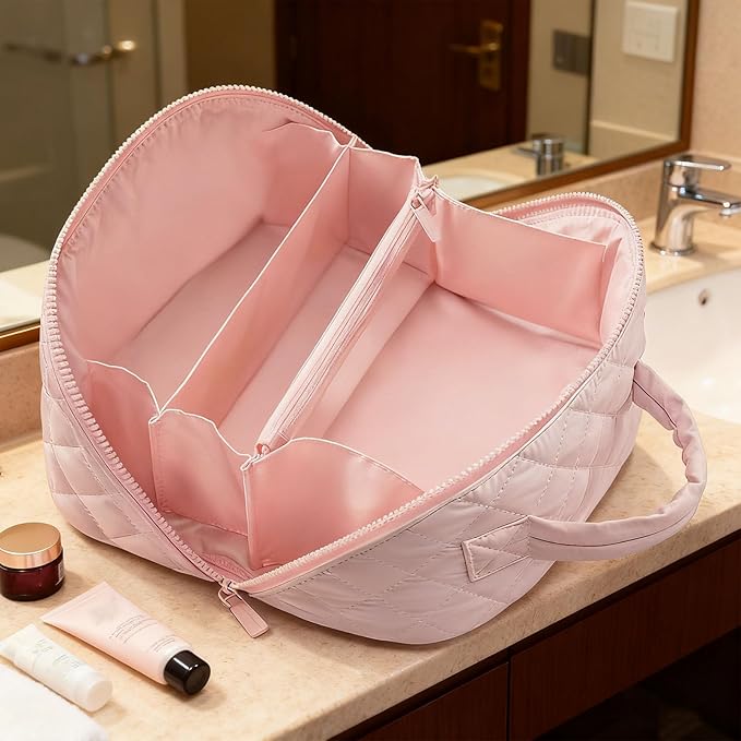 Petition Makeup Bag, 180° Open Lay-Flat Cosmetic Case, Large Capacity Compartment Makeup Bag, Lightweight, Soft and Fashion for Bottles & Brushes (Pink)