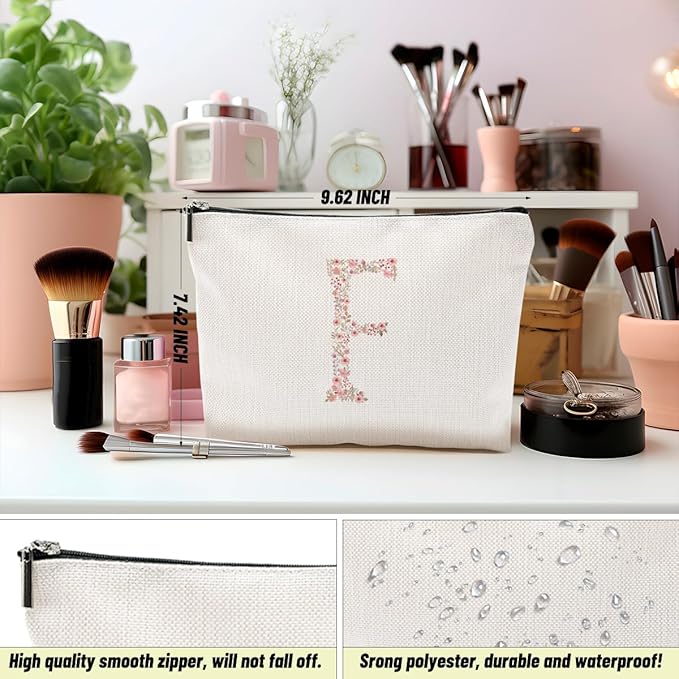 Initial Makeup Bag Floral F Personalized Cosmetic Bag Monogrammed Gifts for Women Girls Bride Friends Monogram Zipper Pouch for Teacher Appreciation Mothers Day Birthday Wedding Bridal Shower Gifts