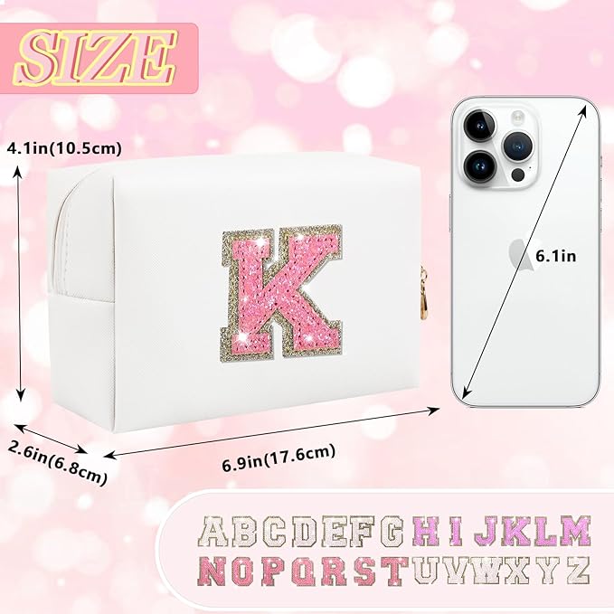 Initial Letter Patch Makeup Bag, Small Preppy A-Z Glitter Cosmetic Bag, PU Leather Waterproof Travel Toiletry Bag,Cute Make Up Pouch Personalized Monogrammed Gift for Women Teen Girls(Letter K)