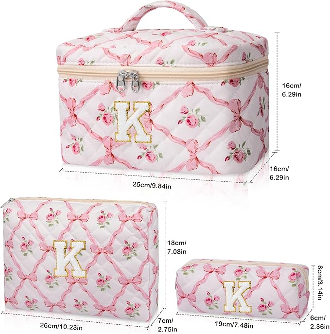 Personalized Initial Makeup Bag Set, Quilted Makeup Bag, Large Floral Cosmetic Bag for Women, Cute Cotton Custom Make up Bags, Flower Travel Toiletry Bag Teen Girl Gift Trendy Stuff Gift K