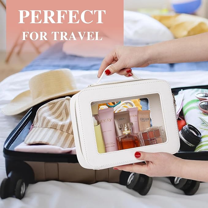 Pinkmik Clear Makeup Bag with Brush Bag 2pcs Waterproof Travel Case for Cosmetics and Toiletries Women's Cosmetic Organizer with Zipper (White, L+SLIM)