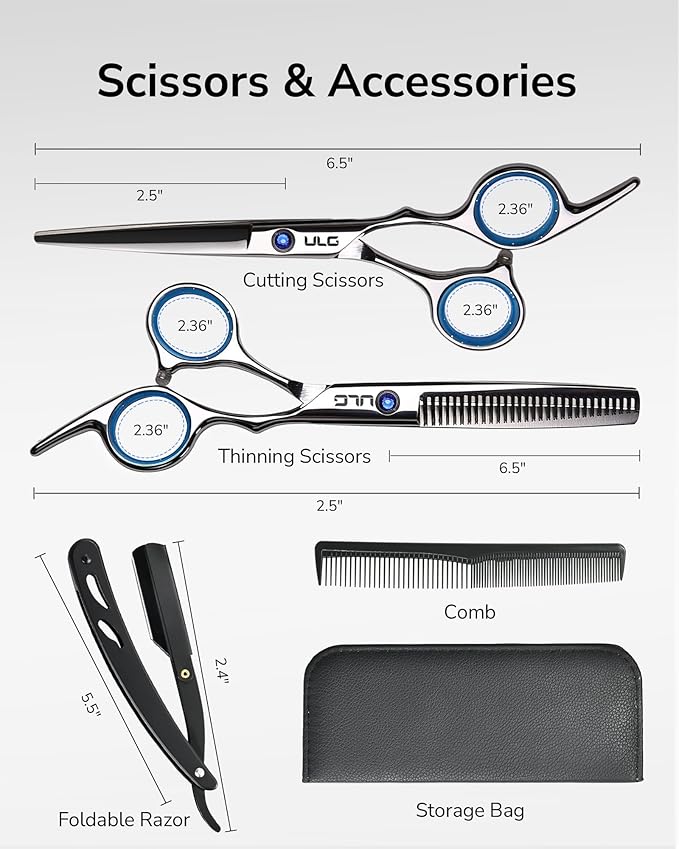 ULG Hair Cutting Scissors Thinning Shears Kit Professional Hairdressing Texturizing Salon Razor Edge Scissor Barber Kit1 Pro 6.5 inch Silver