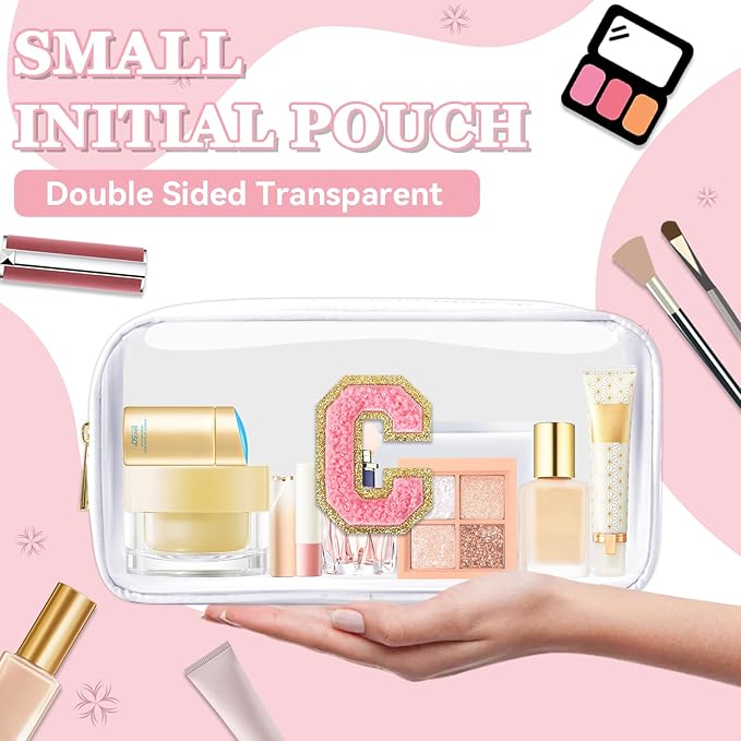 Small Clear Personalized Initial Makeup Bag,Nylon Preppy A-Z Chenille Letter Patch Cosmetic Pouch Beach Toiletry Bag,Waterproof Zipper Travel Purse Storage Bag Organizer for Women Girls(White-Pink C)