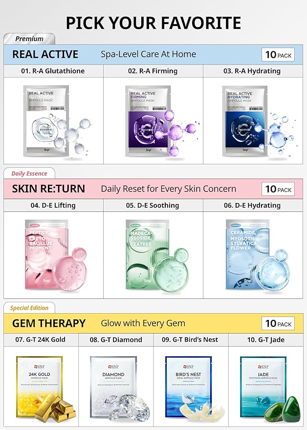 SNP 1000ppm Real Jade Mineral Ampoule Sheet Mask | Cleansing and Purifying All Sensitive Skin Types | Calming, Hydrating, and Moisturizing Facial Skin | Korean Face Masks Skincare | 10 Sheets