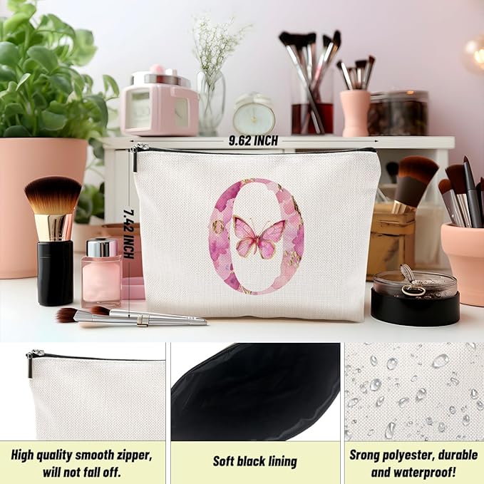 Initial Makeup Bag Pink Butterfly O Personalized Cosmetic Bag Monogrammed Gifts for Women Girls Bride Bridesmaid Monogram Zipper Pouch for Friendship Mothers Day Birthday Wedding Bridal Shower Gifts