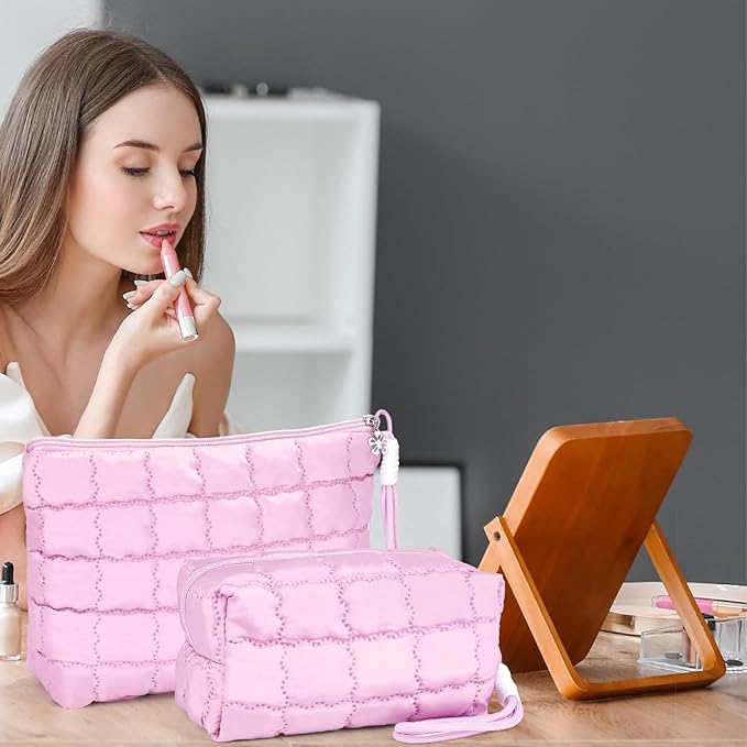Richeart Makeup Bag Travel Toiletry Bag - Checkered Down Cotton Makeup Pouch for Women with Cosmetic and Pencil, Aesthetic Pink Design, Large