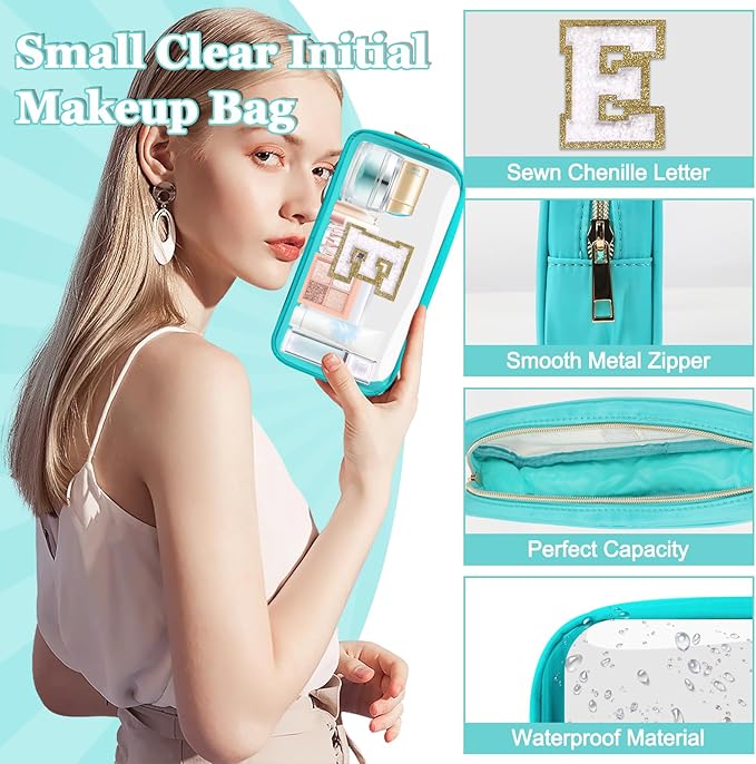 Small Clear Personalized Initial Makeup Bag,Nylon Preppy A-Z Chenille Letter Patch Cosmetic Pouch Beach Toiletry Bag,Waterproof Zipper Travel Purse Storage Bag Organizer for Women Girls(Cyan-White E)