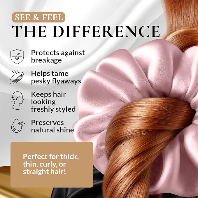 100% Pure 22 Momme Mulberry Silk Scrunchies (Set of 3) | Highest grade (6A) Luxury Hair Ties| (Black,White,Pink) | (White, Standard)