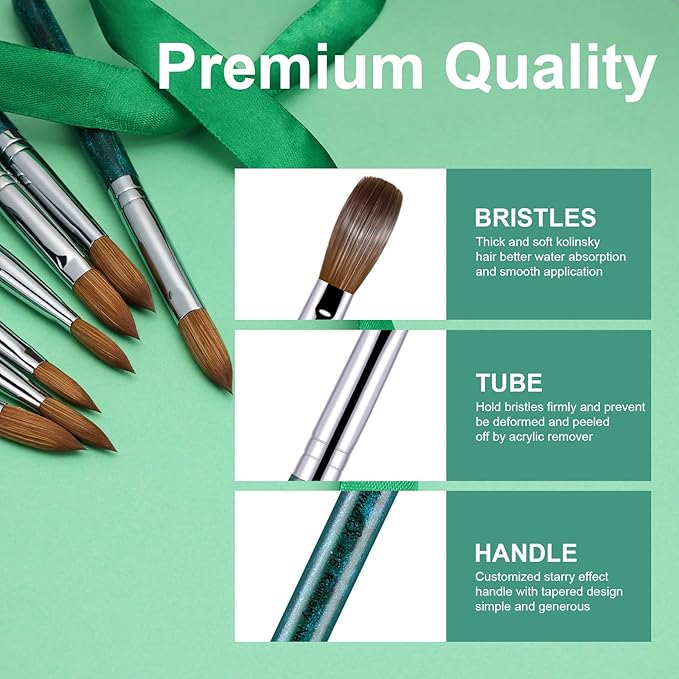 Acrylic Nail Brush Size #20, 100% Pure Kolinsky Nail Art Brushes for Acrylic Application, Sturdy Starry Handle Oval Shaped Nail Design Tools for Professional Manicure DIY, Green