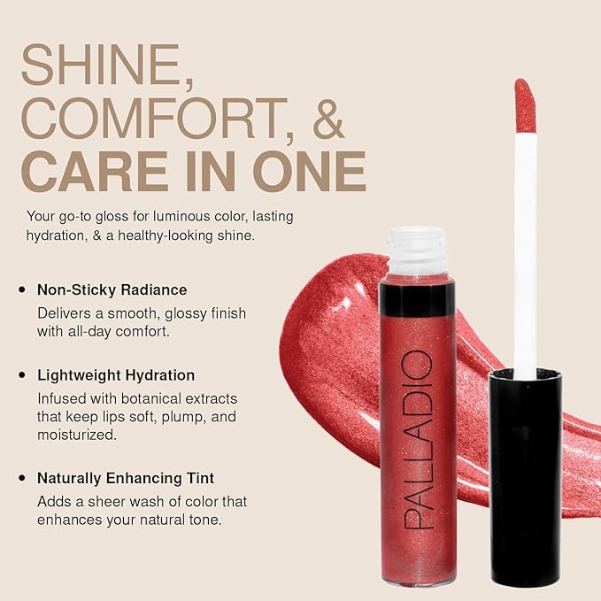 Palladio Lip Gloss, Champagne, Non-Sticky, Contains Vitamin E and Aloe, Offers Intense Color and Moisturization, Minimizes Lip Wrinkles, Softens Lips with Beautiful Shiny Finish, Facet Diamond
