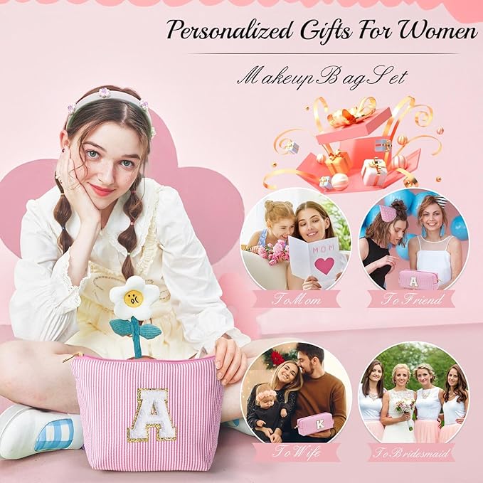 YOOLIFE Cute Pink Initial Make Up Bag Travelling, Personalized Makeup Bag with Zipper Cosmetic Makeup Pouch Travel Accessories Birthday Gift Friends Female Mom Teacher Sweet 16 Gifts Daughter Gifts W
