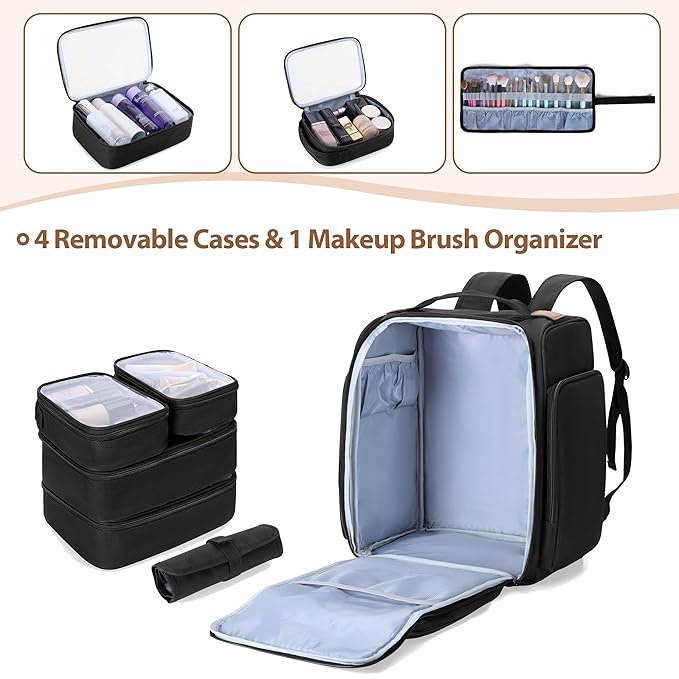BAFASO Makeup Backpack with 4 Removable Pouches & 1 Brush Bag, Travel Makeup Case with Multiple Storage Spaces for Hair Supplies, Black
