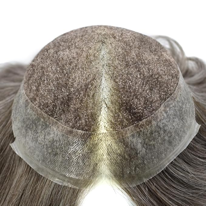 Mens Toupee Human Hair Piece French Lace Toupee for Man Hair System Indian Human Hair Replacement Systems V-Looped PU Front Hairpieces 6"X9" #450 Medium Brown with 50% Gray