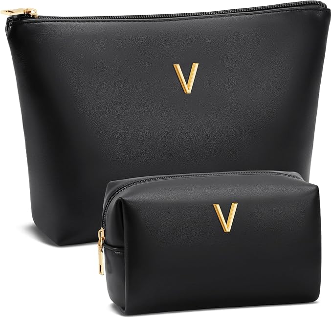 Women Gifts | Initial Makeup Bag Set for Girl Personalized Gifts for Bridesmaid Friend Graduation Teachers PU Leather Cosmetic Travel Toiletry Bag(Black,V)