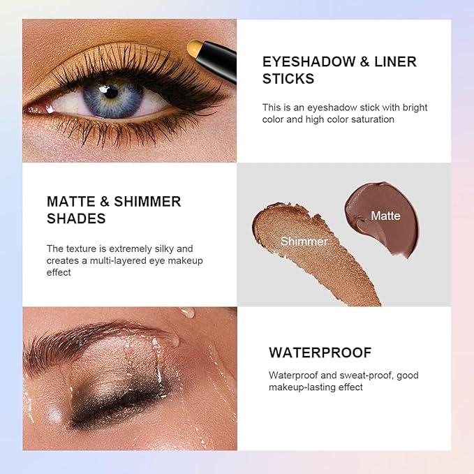 CHIFURE Eyeshadow Stick, Shimmer and Matte Cream Eye Shadow Brightener Sticks Eyeliner Pencil Crayon, Waterproof Long Lasting Eye Highlighter Stick Makeup,0.056 Oz(#9-Champagne)