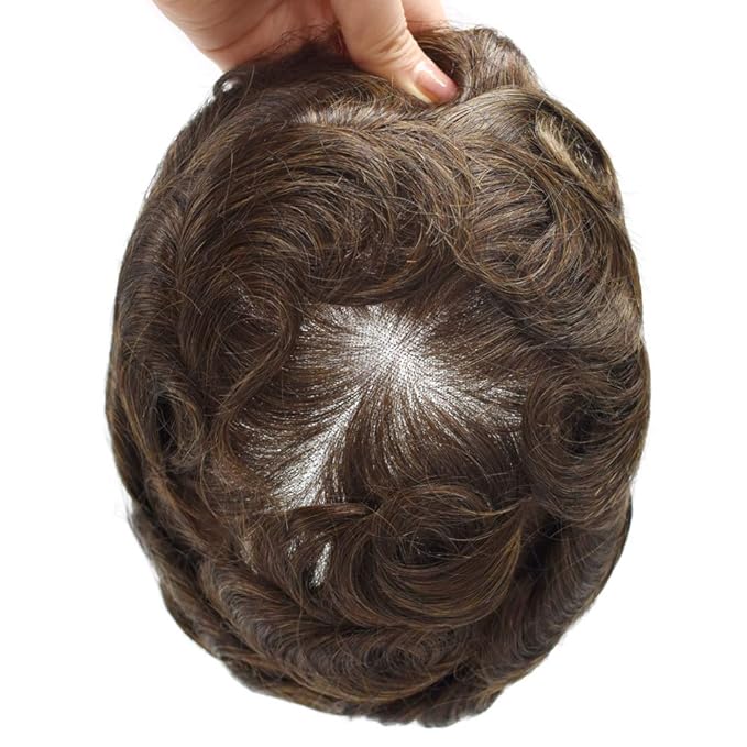 FACE MIRACLE Toupee for Men French Lace Hairpiece Human Hair Replacement System Skin PU Mens Toupee Hair Wigs for Man V-Looped Front Hair Prosthesis 8"X10" #440 4# MEDIUM BROWN WITH 40% SYNTHETIC GREY