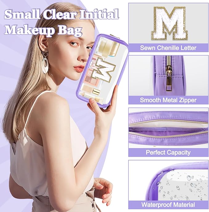 Small Clear Personalized Initial Makeup Bag,Nylon Preppy A-Z Chenille Letter Patch Cosmetic Pouch Beach Toiletry Bag,Waterproof Zip Travel Purse Storage Bag Organizer for Women Girls(Purple-White M)
