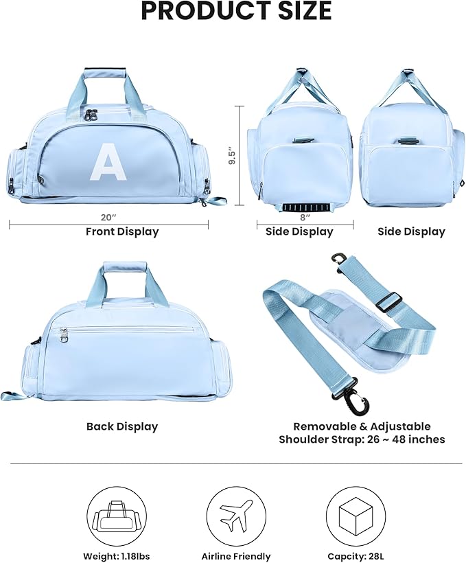Gifts for Teen Girls 12-14, Initial Gym Bags with Shoe Compartment, Dance Bag for Girls, Monogram Kid Overnight Bags, Small Travel Duffle Tote-Easter Basket Stuffers for Teens (Letter I)