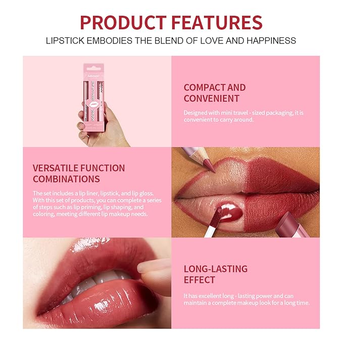 3PCS Lip Liner and Lipstick Combo Set - Matte Lip Liner Pencil, Velvet Matte Lipstick & Hydrating Collagen Lip Gloss - Long-Lasting, Smudge-Proof, High Pigment Nude Brown Lip Makeup Kit (#2 Red Rose)
