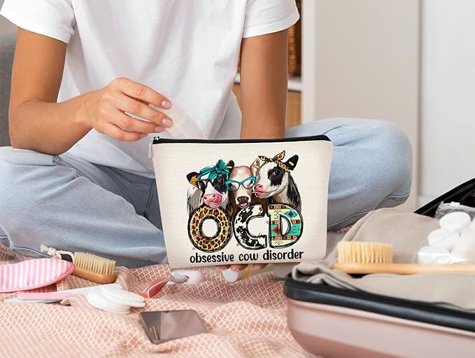 Western Makeup Bag OCD Obsessive Cow Disorder Funny Cows Print Farmhouse Heifers Cosmetic Bag Gifts for Girl Cows Lover, Birthday Gift for Sister Girl Best Friend Daughter Granddaughter