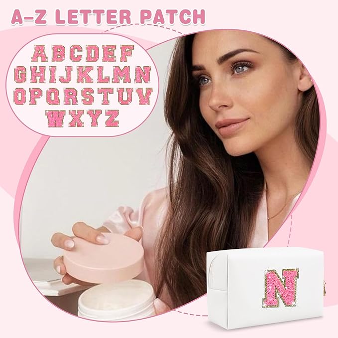 Small Personalized Initial A-Z Patch Makeup Bag,White Cute PU Leather Glitter Letter Cosmetic Bag for Teen Girls,Travel Toiletry Bag with Zipper,Preppy Monogrammed Birthday Gift for Daughter Niece N