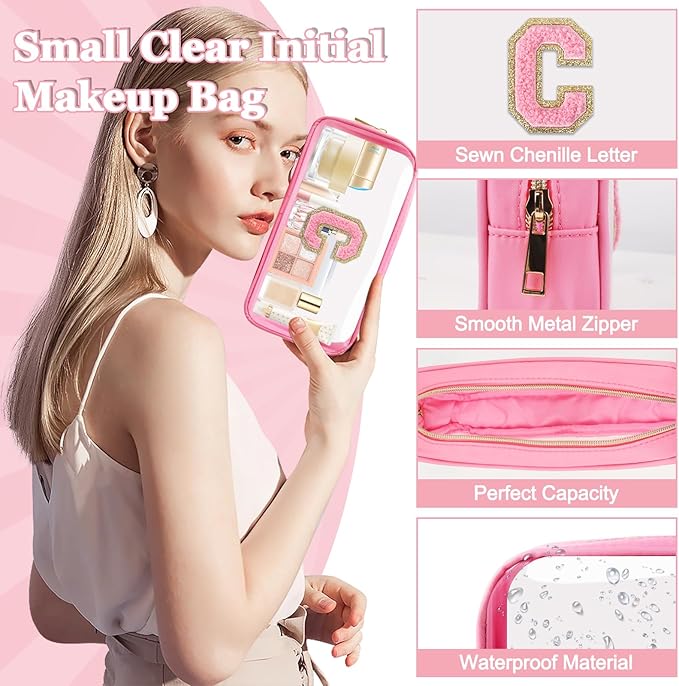 Small Clear Personalized Initial Makeup Bag,Nylon Preppy A-Z Chenille Letter Patch Cosmetic Pouch Beach Toiletry Bag,Waterproof Zipper Travel Purse Storage Bag Organizer for Women Girls(Pink-Pink C)