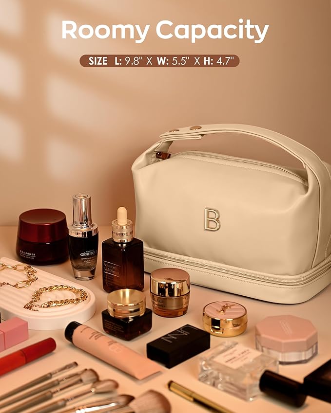 Engagement Gifts, Initial Large Makeup Bag, Personalized Double Layer Cosmetic Bag with Makeup Brush Organizer, Waterproof, Large Capacity PU Leather Travel Toiletry Bag