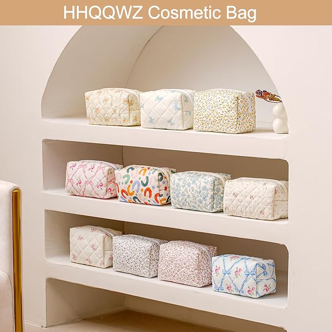 Makeup Bag Travel Cosmetic Bag for Women Girls, Zipper Make Up Pouch, Floral Flowers Toiletry Organizer Makeup, Portable Storage Bag, Cosmetic Travel Cloth Bag (White Small Flower)