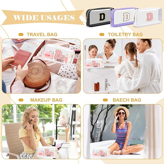 Personalized Initial Letter Clear Makeup Bag,Preppy Small Nylon&PVC Cosmetic Zipper Bag with Chenille Letter,Travel Skincare Toiletry Bag,Monogram Christmas Gift for Teen Girls Women,D