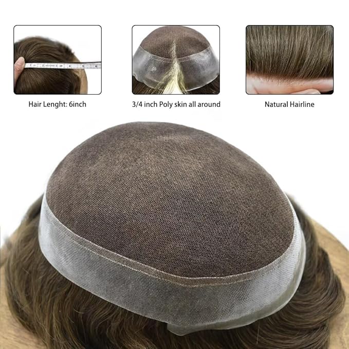 FACE MIRACLE Toupee for Men Lace Center Mens Toupee Hairpiece for Man Human Hair Replacement System Lace Center with Poly around Hair Units Mens Wig Hair Prosthesis 6"X9" #4ASH