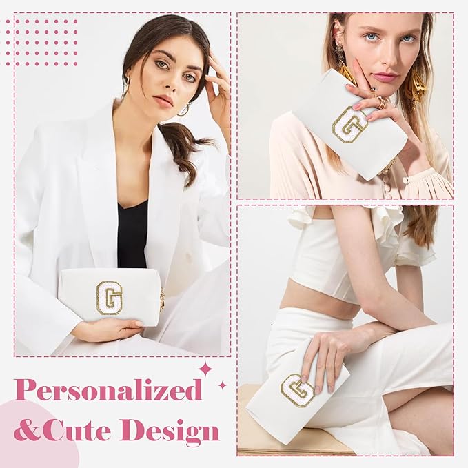 Small Personalized Initial A-Z Preppy Patch Makeup Bag,White PU Chenille Letter Travel Cosmetic Pouch with Zipper,Cute Toiletry Bag,Gift Ideal for Teen Girls Women Teacher Bridesmaid,Letter G