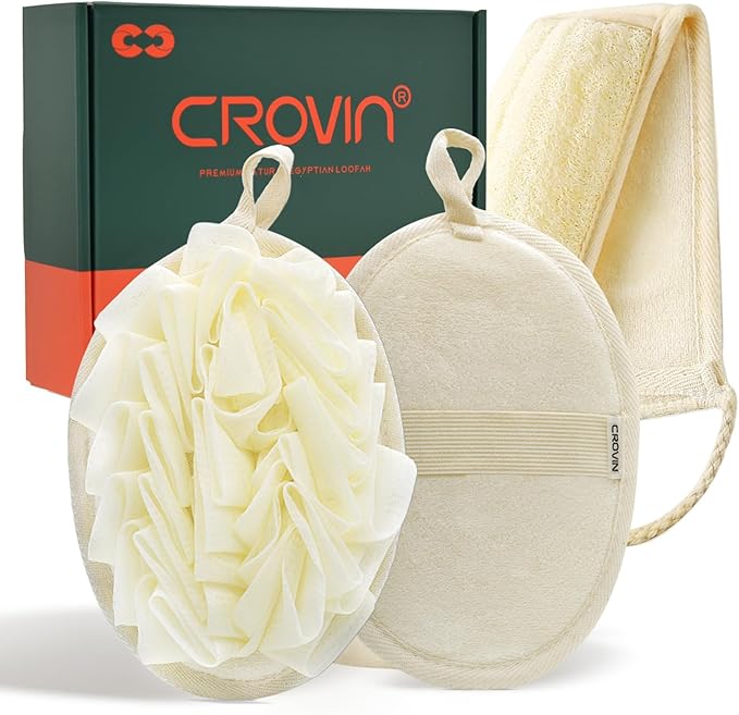 Mesh Pouf Body Sponge Set - Redesign Bath Loofahs Shower Puffs 2 Pack & Exfoliating Natural Loofah Back Scrubber. How to - Great Gift for A Glowing Skin & Healthy Body