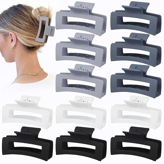 12 Pcs Medium Hair Clips for Women, 3.5 Inch Square Claw Clips, Colorful Hair Claw Clips for Thick and Thin Hair, Bulk Hair Accessories for Women and Girls- Grey