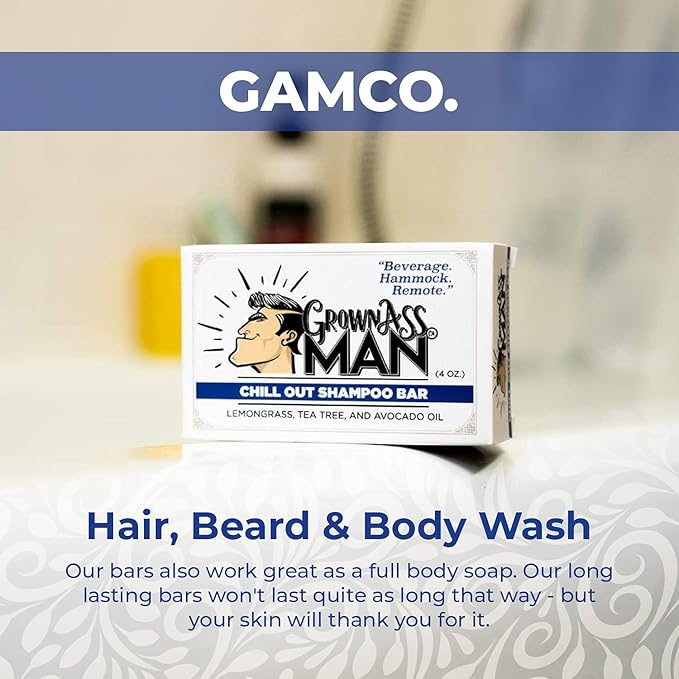 Grown Ass Man Co. - Solid Shampoo Bar Rich Lather 3 in 1: Hair, Beard & Body Wash - Plastic Free & Eco-Friendly, Natural & Organic Clean for All Hair Types, 4oz Bar (Chill Out, Single)