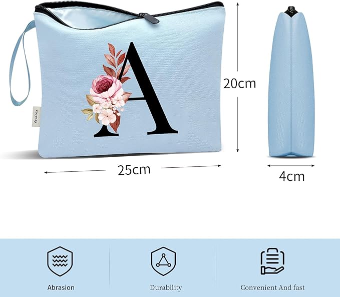 Vavabox A-Z Personalized Makeup Bag, Birthday Gifts for Women Mom, Gifts for Best Friend, Bride Bridesmaid Cosmetic bag (A, Blue)