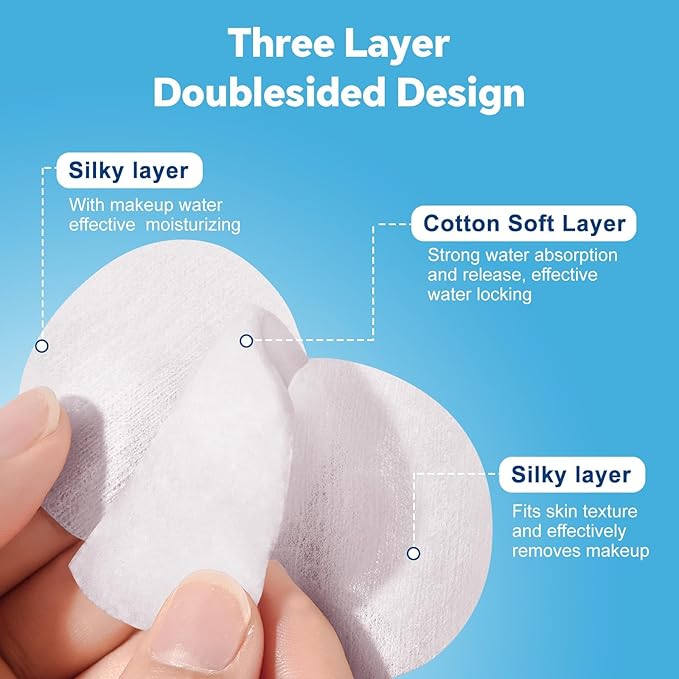 Cotton Rounds for Facial Cleansing and Nail Polish Removal - 100% Pure Cotton, Hypoallergenic Makeup Remover Pads, Lint-Free Multi-Layer Design (100 Count, Pack of 3)