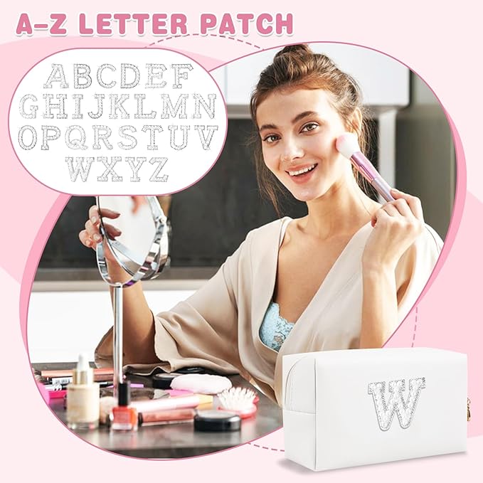 Bride Gifts – Personalized Initial Makeup Bag with Pearl Rhinestone Patch, Preppy White Monogram Cosmetic/Toiletry Pouch, bridesmaid Gifts, Bridal Shower Gifts, Wedding Gifts, Bridal Gifts,W