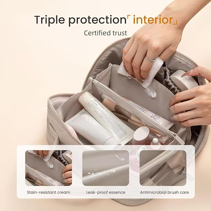 Makeup Bag for Woman, 180° Lay Flat Wide Open Makeup Bags, Large Fold out Washable Cosmetic Case, Quilted Puffy Toiletry Bags for Toiletries (Khaki)