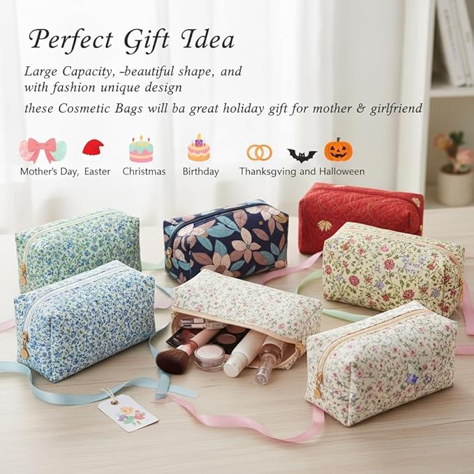 Floral Cotton Makeup Brush Cosmetic Bag for Women & Men, Travel Quilted Zipper Pouch, Large Capacity Flowers Toiletry Organizer, Kawaii Makeup Storage Case, Cosmetic Travel Cloth Bag-Blue Floral