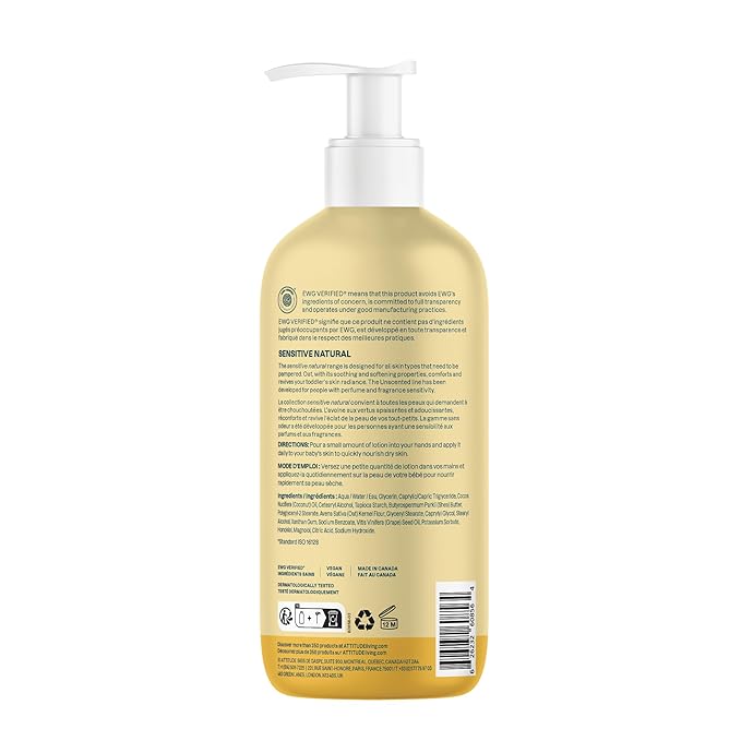 ATTITUDE Body Lotion for Baby, EWG Verified, Plant and Mineral-Based Ingredients, Vegan Personal Care Products, Sensitive Skin, Unscented, 16 Fl Oz