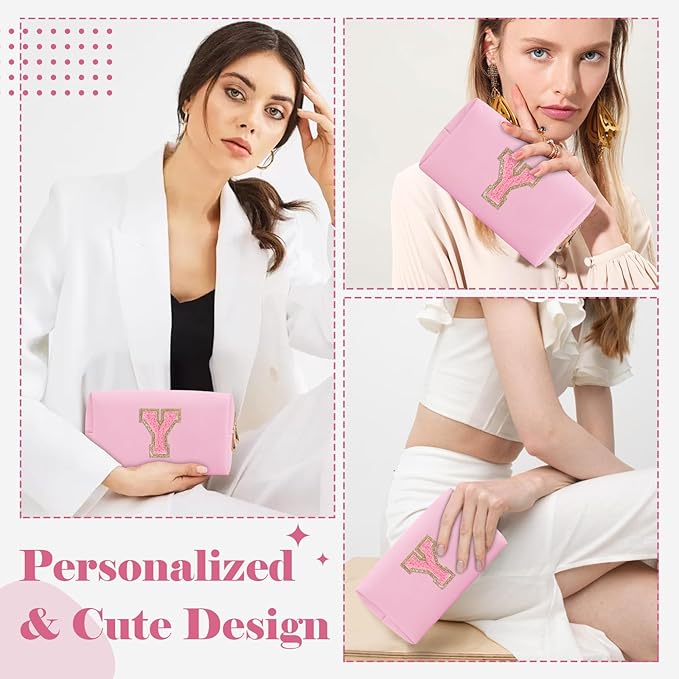 Personalized Initial A-Z Preppy Patch Makeup Bag,Small PU Leather Chenille Letter Cosmetic Bag with Zipper for Teen Girls,Pink Cute Travel Toiletry Bag,Birthday Monogrammed Gift for Daughter,Letter Y