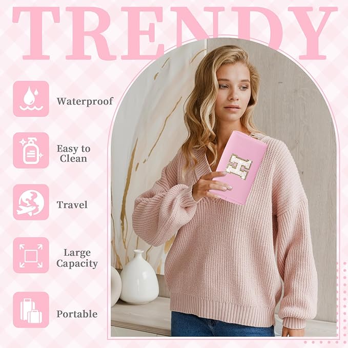 Small Personalized Initial A-Z Patch Makeup Bag,Pink Cute PU Leather Glitter Letter Cosmetic Bag for Teen Girls,Travel Toiletry Bag with Zipper,Preppy Monogrammed Birthday Gift for Daughter Niece H